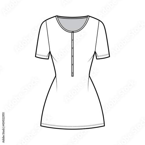 Dress henley collar technical fashion illustration with short sleeves, fitted body, mini length pencil skirt. Flat apparel front, white color style. Women, men unisex CAD mockup