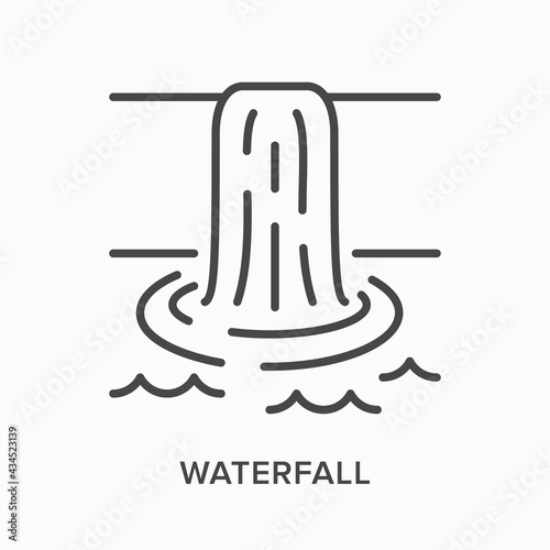 Waterfall flat line icon. Vector outline illustration of cascade water. Black thin linear pictogram for nature landscape