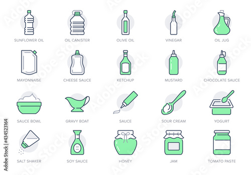 Sauces line icons. Vector illustration include icon - jug, cup, vinegar, mayonnaise, ketchup, sour cream, cheese sauce, outline pictogram for food spice. Green Color, Editable Stroke