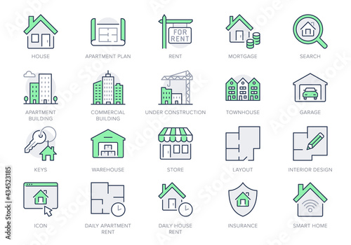 Real estate line icons. Vector illustration include icon - house, insurance, commercial, blueprint, townhouse, keys, shop, store outline pictogram for property agency Green Color, Editable Stroke photo