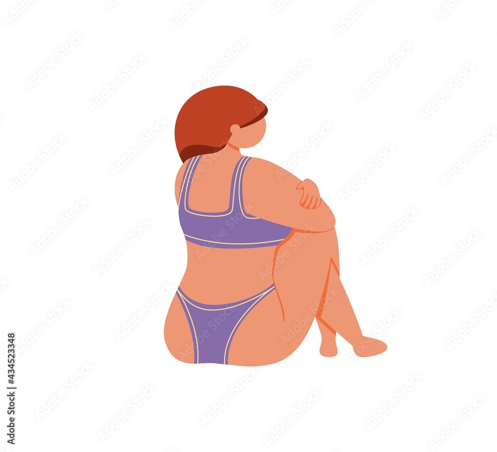 A young girl in a bikini blue bathing suit sits with her back turned. Flat vector illustration isolated on white background. A young girl in a bikini blue bathing suit sits with her back turned. Flat vector illustration isolated on white background.