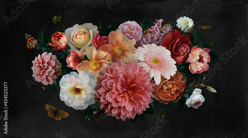 Luxurious baroque and victorian bouquet. Beautiful garden flowers, leaves and butterfly on black background. Pink and white peonies, roses. Vintage illustration. Floral decoration advertising material