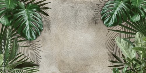 Tropical leaves on cement background. Material for advertising and creativity. Monstera Leaves. 3d illustration. Banner With Copy Space photo