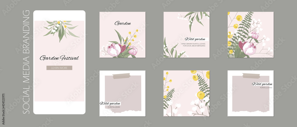 abstract Instagram story post feed background, web banner template with copy space. green floral plant spring herb layout mock up. for beauty, jewelry, skin care, wedding, make up, food, restaurant