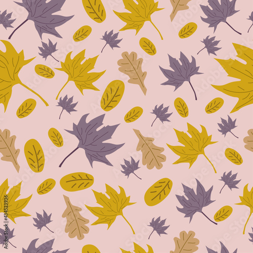 Autumn foliage seamless pattern. Vector illustration on pink background