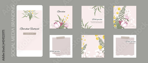 abstract Instagram story post feed background, web banner template with copy space. green floral plant spring herb layout mock up. for beauty, jewelry, skin care, wedding, make up, food, restaurant