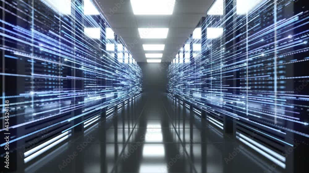 Digital blue line information flying in data centers with ig server room. 4K footage dolly moving camera throw data server computers. Network and information servers behind glass panels.