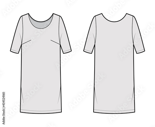 Dress shift chemise technical fashion illustration with medium sleeves, oversized body, knee length pencil skirt. Flat apparel front, back, grey color style. Women, men unisex CAD mockup