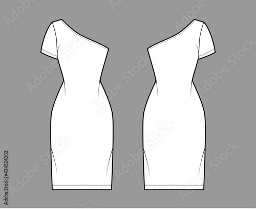 Dress one shoulder technical fashion illustration with short sleeve, fitted body, knee length pencil skirt. Flat apparel front, back, white color style. Women, men unisex CAD mockup