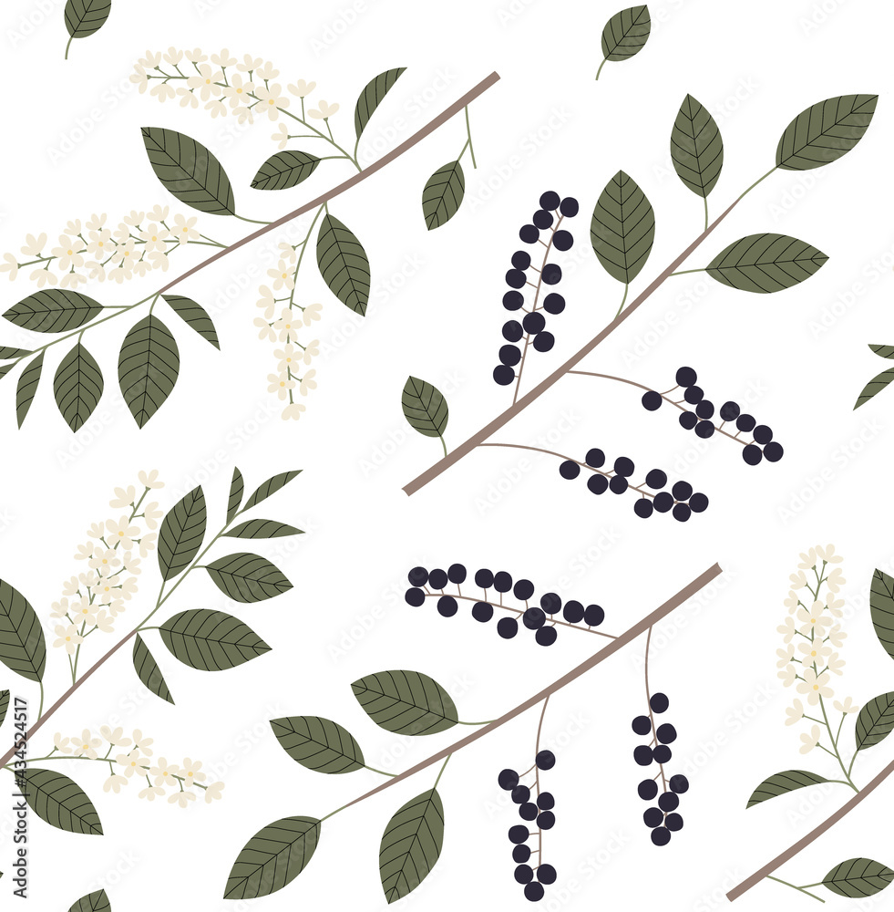 Naklejka premium Bird cherry vector seamless pattern with branches, leaves and berries color hand drawn illustration. Isolated on white background.