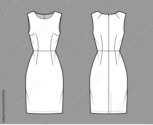 Dress sheath technical fashion illustration with sleeveless, natural waistline, fitted body, knee length pencil skirt. Flat apparel front, back, white color style. Women, men unisex CAD mockup