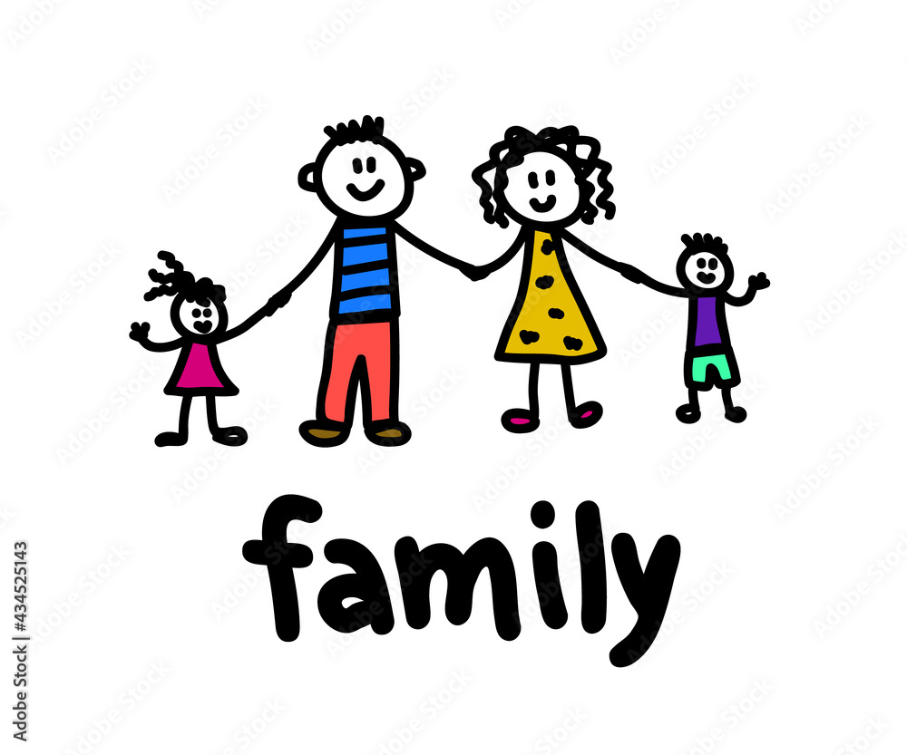 Happy family on a white background. Children's drawing. Vector illustration. Happy family on a white background. Children's drawing. Vector illustration.