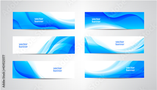 Vector abstract flow wavy banners set. Water, stream, energy stream horizontal backgrounds. Wave Liquid, transparent