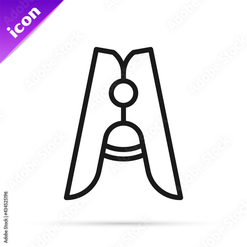 Black line Old wood clothes pin icon isolated on white background. Clothes peg. Vector