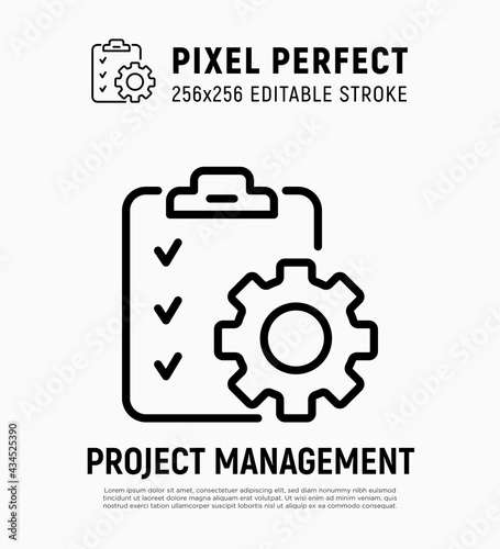 Project management thin line icon. Clipboard with checklist and cogwheel. Schedule of tasks. Pixel perfect, editable stroke. Vector illustration.