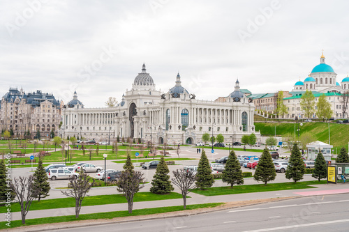 Panoramic view of the Palace of Agriculture on a sunny day in Kazan, Russia