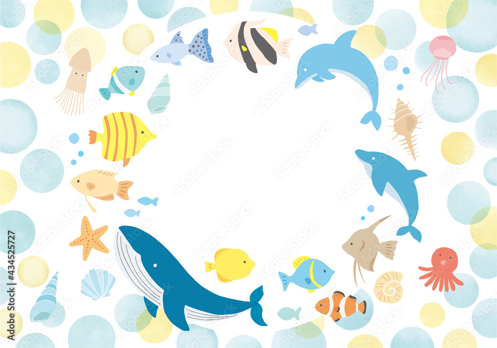 海の生き物や貝殻のイラストフレーム 背景素材