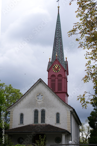 Protestant church Zurich Schwamendingen at springtime. Photo taken May 19th, 2021, Zurich, Switzerland.