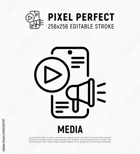 SMM management thin line icon: smartphone with megaphone and play button. Digital strategy. Pixel perfect, ediatble stroke. Vector illustration.