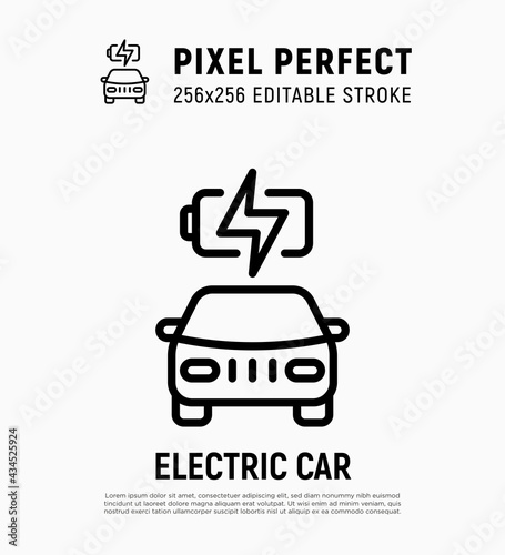 Electric car is charging. Thin line icon. Eco transport. Electromobile. Pixel perfect, editable stroke. Vector illustration.