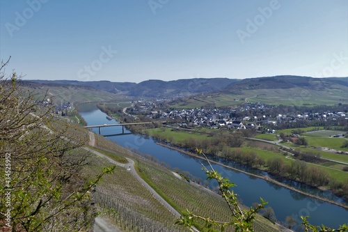 Blick auf Mülheim und Lieser an der Mosel mit Landschaften im Frühling
