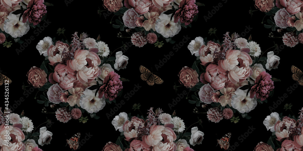 Luxurious baroque and victorian bouquet seamless pattern. Beautiful garden flowers and butterfly on black background. Pink and white peonies, roses. Floral decoration advertising material - obrazy, fototapety, plakaty 