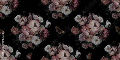 Luxurious baroque and victorian bouquet seamless pattern. Beautiful garden flowers and butterfly on black background. Pink and white peonies, roses. Floral decoration advertising material