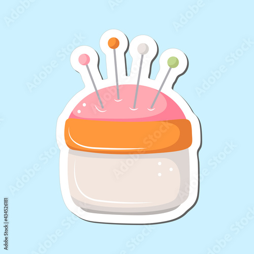 Strawberry Pin Cushion. Old fashioned style, glass head pins for sewing, tailoring, dressmaking, quilting, embroidery, needlework, crafts, DIY hobbies, handmade, homemade fashion. EPS8 compatible.