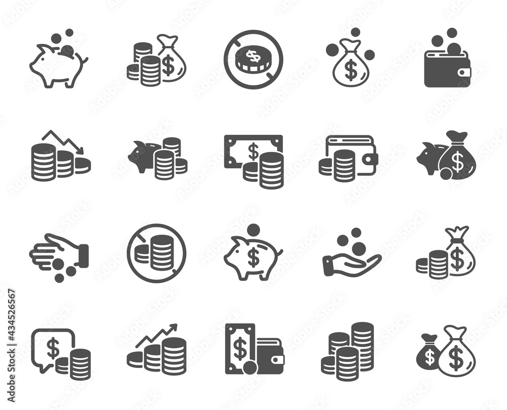 Coins simple icons. Cash money, Donation coins, Give tips icons. Piggy bank, Business income, Loan. Money savings, give coin, cash tips. Investment profit, growth chart, financial crisis. Vector Coins simple icons. Cash money, Donation coins, Give tips icons. Piggy bank, Business income, Loan. Money savings, give coin, cash tips. Investment profit, growth chart, financial crisis. Vector