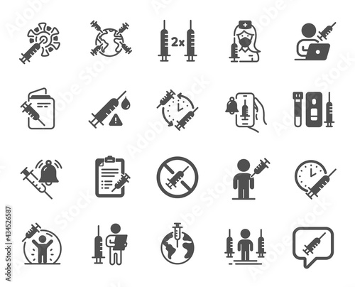 Vaccine simple icons. Corona jab, Medical Syringe, Vaccination passport icons. Covid vaccine, Human jabbed and Coronavirus dose. Syringe needle, Corona injection, Vaccination notification. Vector photo