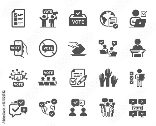Voting simple icons. Public Election, Vote Box, Ballot Paper icons. Candidate, Politics voting and People vote. Government election, Raised hands, Document checklist. Online poll result. Vector