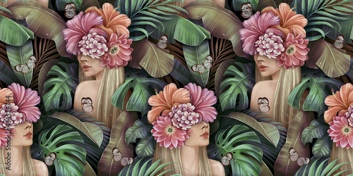 Tropical seamless pattern with beautiful blonde women, bouquets of hibiscus, plumeria, cactus flowers, monstera, palm, banana leaves, butterflies. Hand-drawn vintage 3D illustration for lux wallpapers