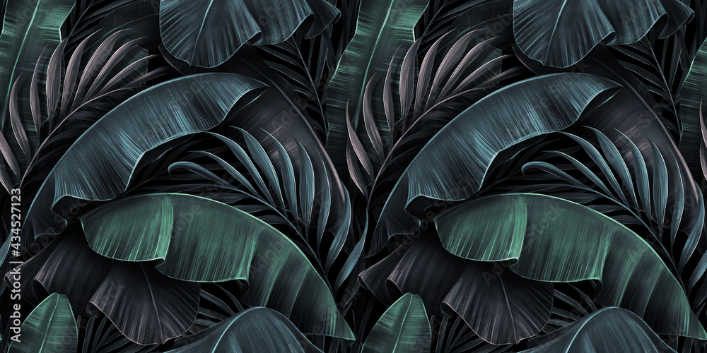 custom made wallpaper toronto digitalTropical exotic seamless pattern with neon light color banana leaves, palm on night dark background. Premium hand-drawn textured vintage 3D illustration. Good for luxury wallpapers, fabric printing