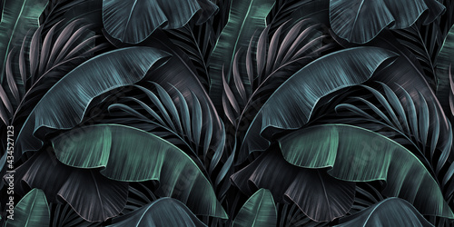 Tropical exotic seamless pattern with neon light color banana leaves, palm on night dark background. Premium hand-drawn textured vintage 3D illustration. Good for luxury wallpapers, fabric printing