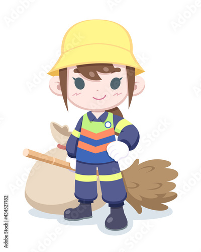 Cute style Thai street cleaner girl cartoon illustration
