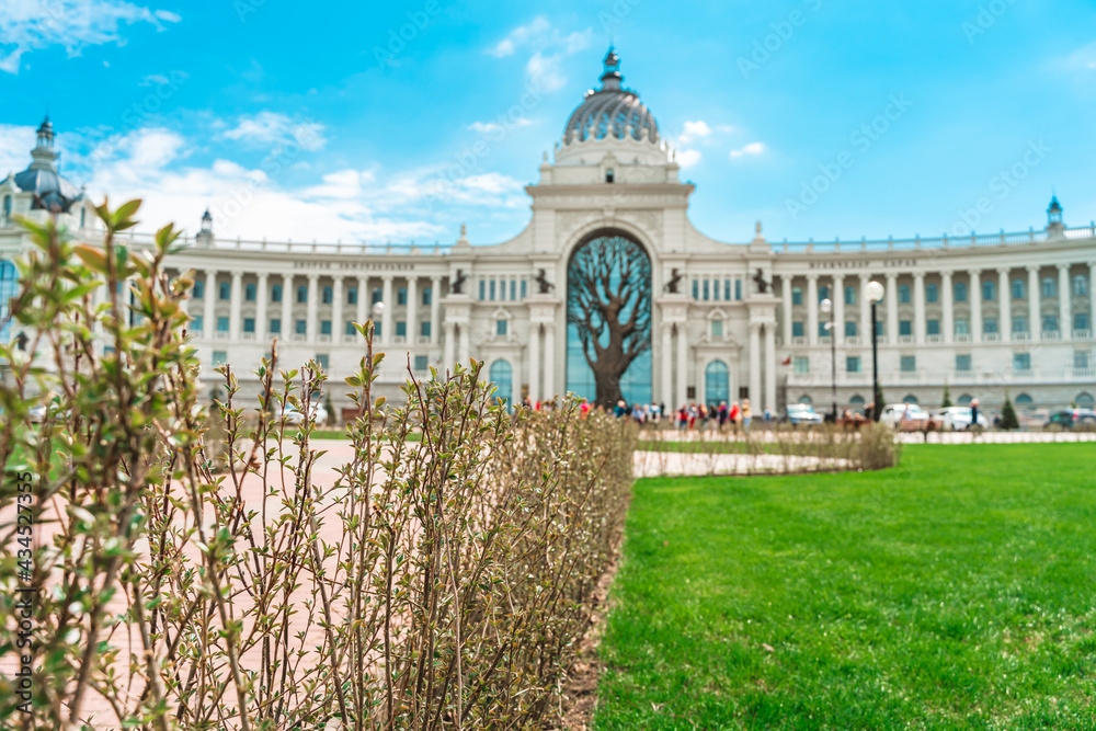 Panoramic view of the Palace of Agriculture on a sunny day in Kazan, Russia