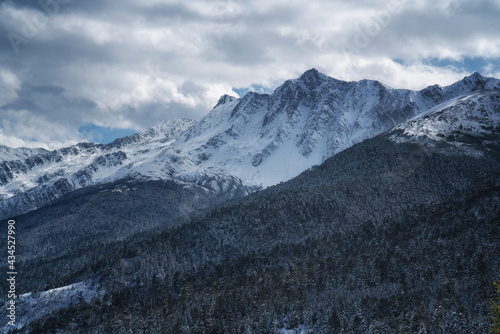 Beautiful view of Meili Xue Shan Shengpingzhen mountain range under a cloudy sky in China photo