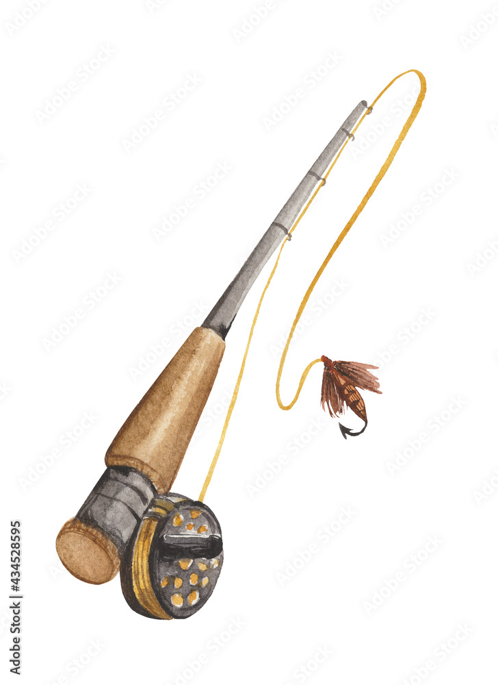 Watercolor element on white background, fishing rod with reel, fly and line.  Fly fishing set. For decorating design compositions on the theme of fishing  and recreation by the water . Stock Illustration