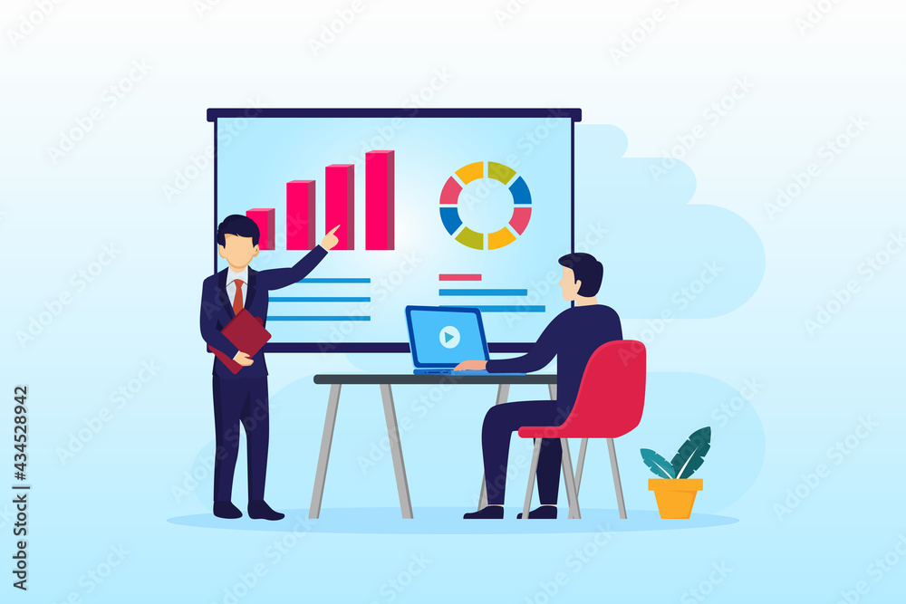 Business Analysis concept, People sitting on desk work with charts and graphic data visualization. landing page website illustration flat vector template.