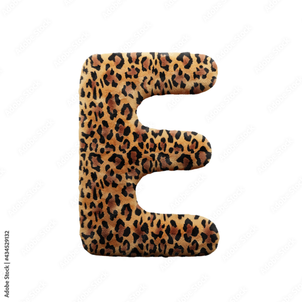 Leopard font letter E, leopard pattern, 3d render illustration Leopard font letter E, leopard pattern, 3d render illustration