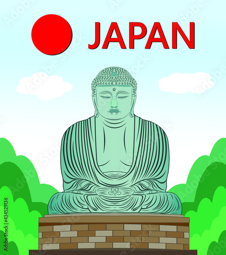 The symbols of Japan with Big buddha or Daibutsu of Kamakura drawing in cartoon vector