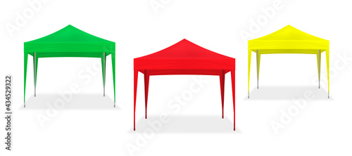 Pop-up canopy tent. Exhibition show pavilion. Outdoor gazebo. Event marquee. Color set. Green, red, yellow colours. Easy to recolor. Vector template for design