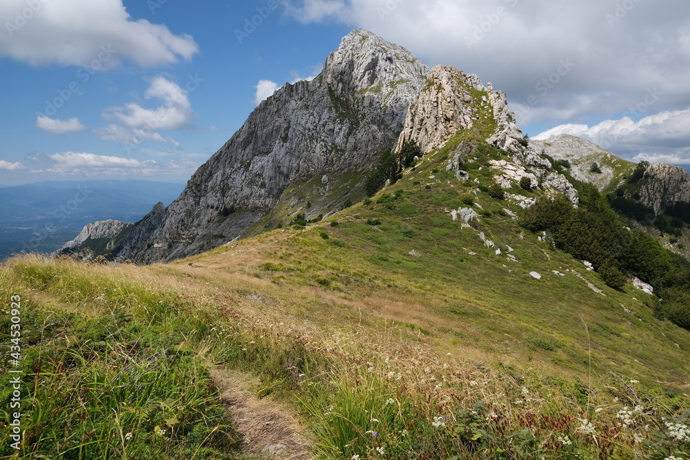 Clouds on top of a mountain in the Apuan Alps in Tuscany.The rock at the top of the mountains contrasts with the green of the meadows and plants. Apuan Alps, Tuscany, Italy. Clouds on top of a mountain in the Apuan Alps in Tuscany.The rock at the top of the mountains contrasts with the green of the meadows and plants. Apuan Alps, Tuscany, Italy.