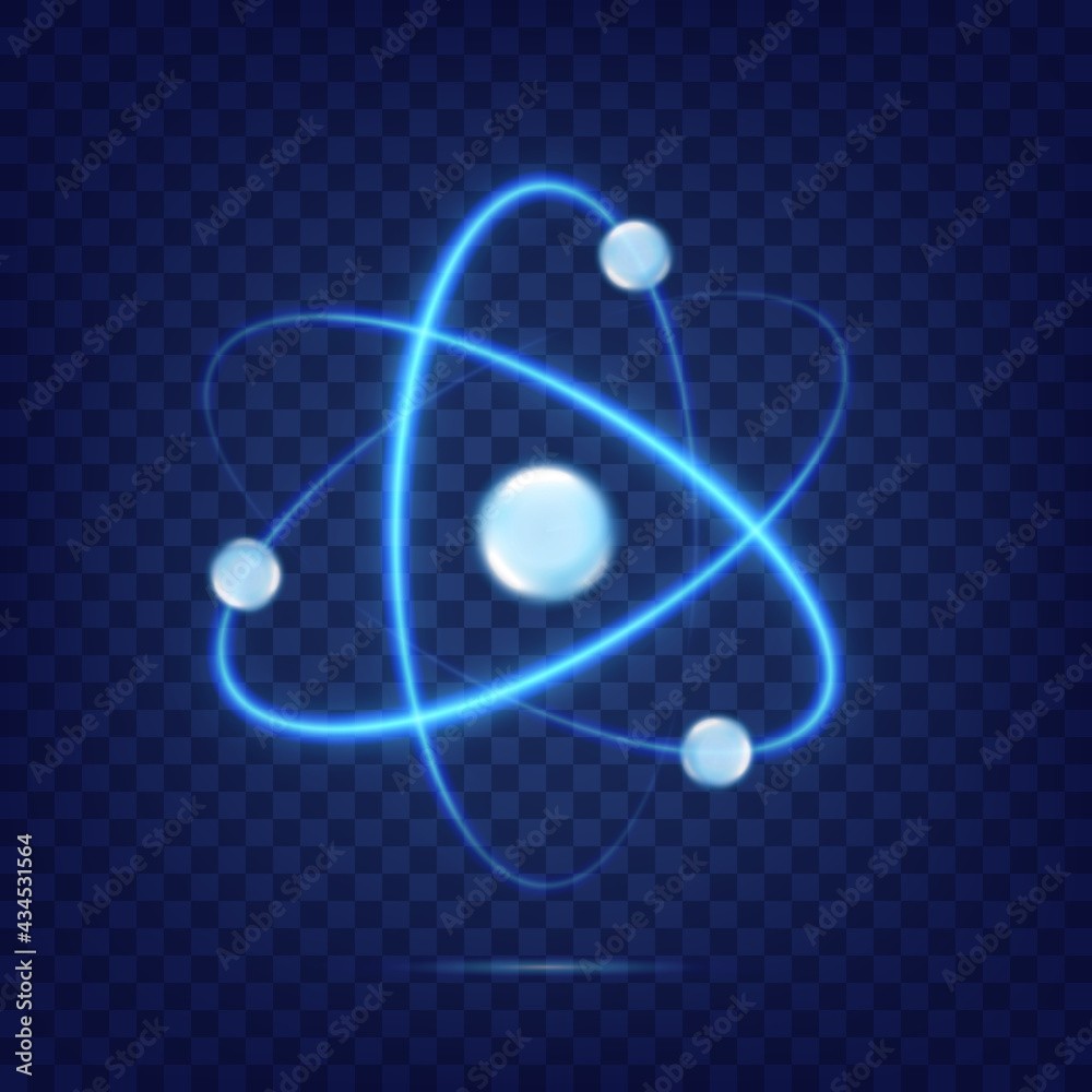 Atom icon isolated on transparent background. Fusion orbit spin. Neon light atomic neutron. Atom blue color. Nuclear atom. 3d cell nucleus. Molecule fusion. Proton core symbol. Ion element. Vector - obrazy, fototapety, plakaty 
