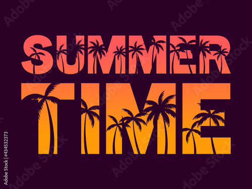Summer time. Text with palm trees on a sunset. 80s retro design for banner, poster and party invitations. Vector illustration