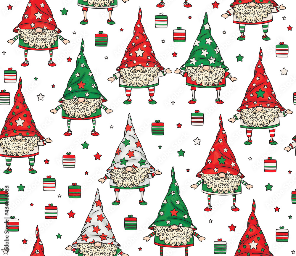 Vector Christmas seamless pattern of funny gnomes cartoons, isolated on white. Vector Christmas seamless pattern of funny gnomes cartoons, isolated on white.
