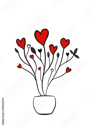 Red hearts on twigs in a pot. Congratulations concept, greeting card.