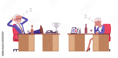 Handsome old man, woman elderly businesspeople resting, sleep at work desk. Bossy senior manager, gray haired persons above 50 years. Vector flat style cartoon illustration isolated, white background