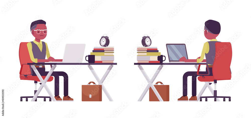 Black businessman, office man working with laptop at the desk. Successful manager, young entrepreneur executive, or owner. Vector flat style cartoon illustration isolated on white background Black businessman, office man working with laptop at the desk. Successful manager, young entrepreneur executive, or owner. Vector flat style cartoon illustration isolated on white background