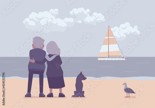 Active seniors, elderly people standing on beach in hug, rear. Couple of older adults enjoying ocean, sea, sailboat view together, romantic reminiscence. Beautiful seascape nature scenery background